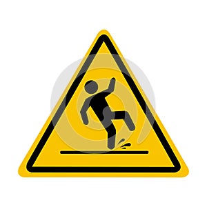 Slippery wet floor. The falling man is highlighted on the yellow triangle. Caution and warning