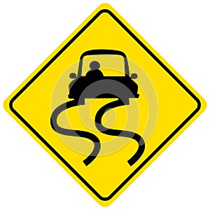 Slippery when wet yellow sign on white background