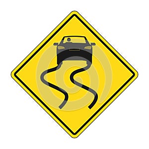 Slippery yellow road sign, vector