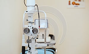 Slit lamp. Biomicroscope. Binoculars. Ophthalmic equipment.. Close up, selective focus. Health care concept. Space for text.