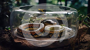 Slithery snake coiled up in its glass enclosure created with Generative AI