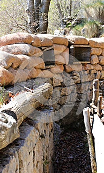 slits with sandbags for protection from enemy attacks in a trench dug in the ground