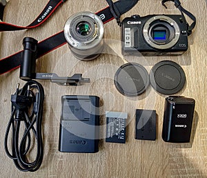 Sliven/Bulgaria - 4/26/2020:Black Canon EOS M. The First mirrorless camera of Canon.It has a solid build, with a magnesium alloy b