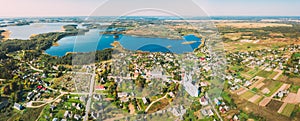 Slobodka, Braslaw District, Vitebsk Voblast, Belarus. Aerial View Of Potsekh Lake Near Slobodka Village. Church of