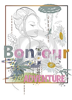 Slogan design print with the word bonjour, a beautiful girl, tropical leaves and flowers decorated with colorful mosaics.