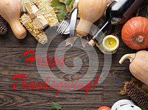 Slogan Happy Thanksgiving frame autumn vegetables. Festive table