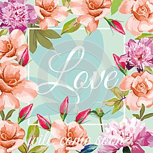 Slogan love will come soon aqua mint rose peony background