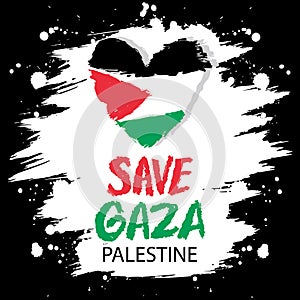 Slogan Save Palestine. Save Gaza. Vector illustration of a grunge background with a heart and the flag of Palestine