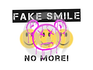 Slogan t-shirt design with blurred emoji smiles and graffiti bear that melt and dripping.