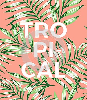 Slogan tropical on a pink background with leaves photo