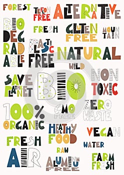 Slogans and words. Environmental protection. Colored letters. Vector illustration.