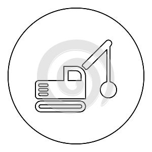 Sloopkraan building machine demolish wrecking ball crane truck icon in circle round black color vector illustration image outline