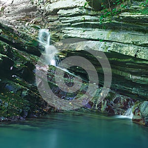Slope covered with ivy and moss with flowing little waterfall