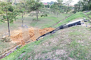 Slope erosion control grids, sheets and earth on steep slope