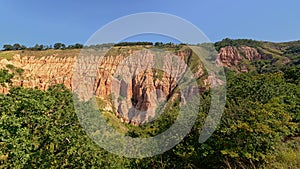 Slope with pink rock cliffs and green trees of Rapa Rosie , the grand canyon of Romania, under a clear blue sky