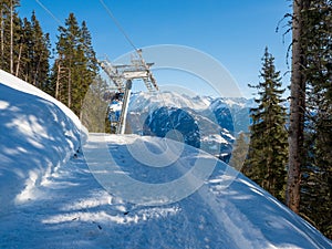 Slope view with funicular in winter in resort Ladis, Fiss, Serfaus in ski resort in Tyrol