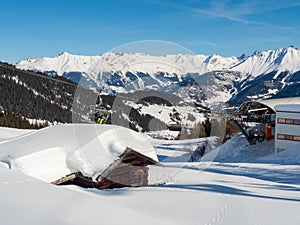 Slope view with funicular in winter in resort Ladis, Fiss, Serfaus in ski resort in Tyrol