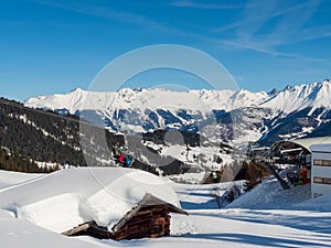 Slope view with funicular in winter in resort Ladis, Fiss, Serfaus in ski resort in Tyrol