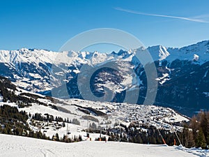 Slope view with funicular in winter in resort Ladis, Fiss, Serfaus in ski resort in Tyrol