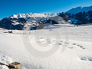 Slope view with funicular in winter in resort Ladis, Fiss, Serfaus in ski resort in Tyrol