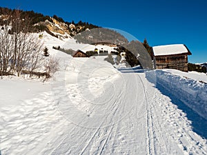 Slope view with funicular in winter in resort Ladis, Fiss, Serfaus in ski resort in Tyrol