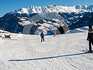 Slope view with people in winter in resort Ladis, Fiss, Serfaus in ski resort in Tyrol