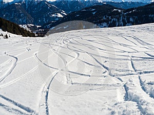 Slope view trace in winter in resort Ladis, Fiss, Serfaus in ski resort in Tyrol