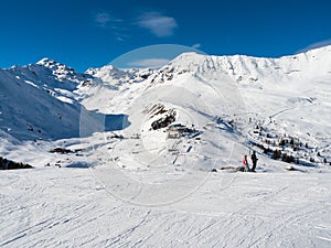 Slope view in winter in resort Ladis, Fiss, Serfaus in ski resort in Tyrol