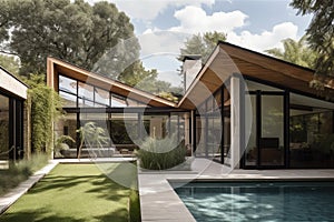 sloped roof, windows and doors with views of the garden and pool