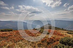 Slopes are covered with red blueberry bushes and expressive clounds