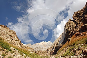 The slopes of the Tien Shan mountains with clouds