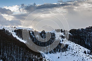 Slopes of winter touristic resort in Kopaonik - a largest mountain range in Serbia. It is a national park with beautiful pine fore