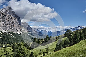 Sloping Alpine pastures at Passo Falzarego