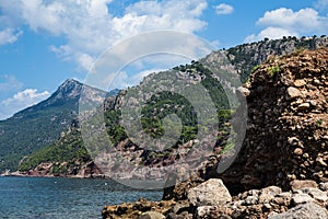 Sloping coast on a rocky coastline