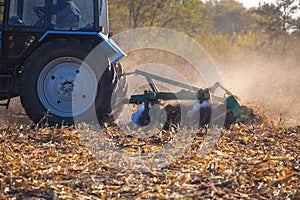 The sloping field. Big blue tractor plow plow the land after harvesting the maize crop on a autumn day.