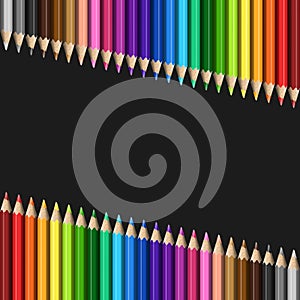 Sloping Lines of Realistic Colorful Pencils on Black Background.