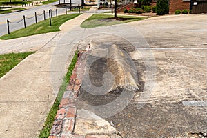 Sloping parking lot and drive leading to a sidewalk and well tended grass alongside a street