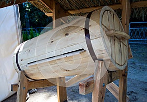 Sloping wooden houses for bees placed on a stand