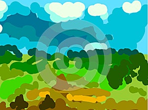 Sloppy abstract summer landscape with green field and blue sky