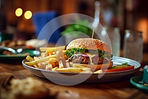 sloppy joe burger with french fries on a plate