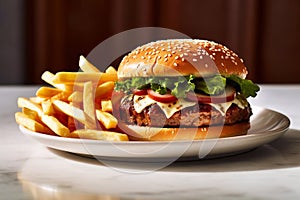 sloppy joe burger with french fries on a plate