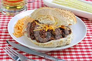 Sloppy Joe with Corn and a Beer