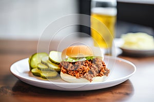 sloppy joe with pickled cucumber slices on the side