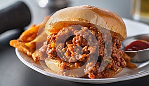 Sloppy joe sandwich on plate with french fries and ketchup