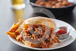 Sloppy joe sandwich on plate with french fries and ketchup