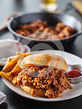 Sloppy joe sandwich on plate with french fries and ketchup