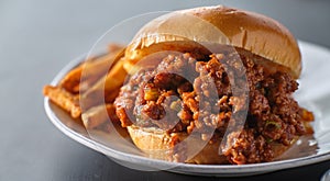 Sloppy joe sandwich on plate with french fries and ketchup