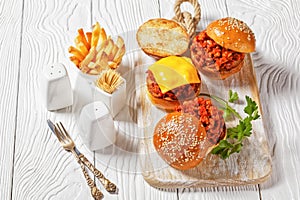 Sloppy Joe sandwiches with french Fries, top view