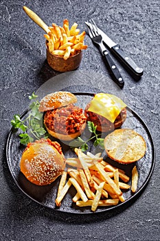 Sloppy Joe sandwiches with french Fries, top view