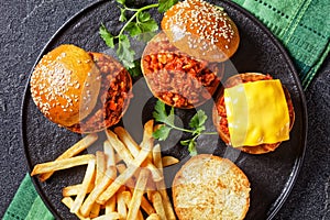 Sloppy Joe sandwiches with french Fries, top view